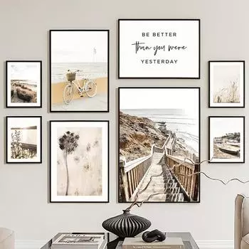 Настенная картина на холсте, бежевый прибрежный мост, белый велосипед, тростник, одуванчик, украшение для гостиной, постеры и принты, настенные панно A4 21X30cm No Framed