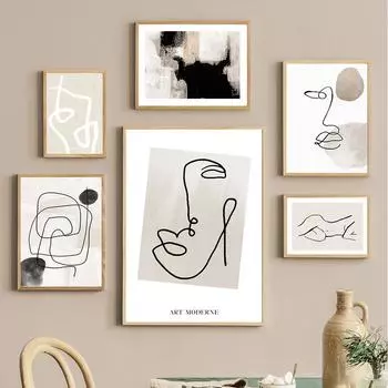 Настенная картина на холсте, черно-белая линия, лицо, акварель, украшение для гостиной, постеры и принты, настенные панно для домашнего салона A4 21X30cm No Framed
