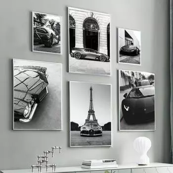 Настенная картина на холсте, черный, белый цвет, Париж, город, гоночный автомобиль, винтажный автомобиль, декор для гостиной, постеры и принты, настенная картина A4 21X30cm No Framed
