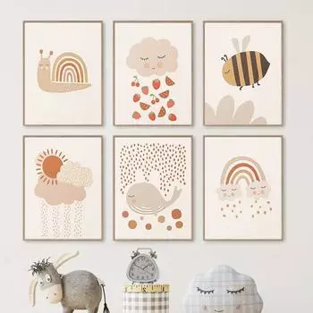 Настенная картина на холсте, детский Кит, пчела, клубничное облако, номер, алфавит, плакаты на скандинавскую тему и принты, настенные панно, декор для детской комнаты 21cm30cm NoFrame