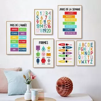 Настенная картина на холсте для игровой комнаты, буквенно-цифровые французские образовательные принты, плакат для класса 21cm30cm NoFrame