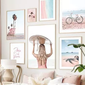 Настенная картина на холсте, доска для серфинга, девушка, розовое морское побережье, винтажный фургон, украшение для гостиной, постеры и принты, настенные панно A4 21X30cm No Framed