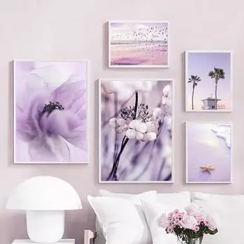 Настенная картина на холсте, фиолетовый пляж, винтажный автомобиль, галька, волна, цветок, украшение для гостиной, постеры и принты, настенные панно A4 21X30cm No Framed