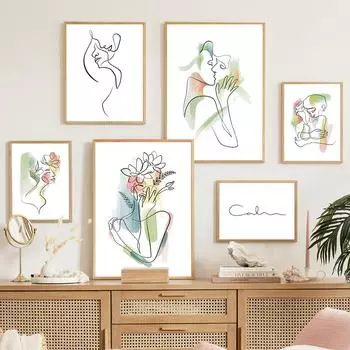 Настенная картина на холсте, линия, девушка с цветочным узором, минималистичные постеры на скандинавскую тему и принты, настенные панно для гостиной, домашний декор A4 21X30cm No Framed