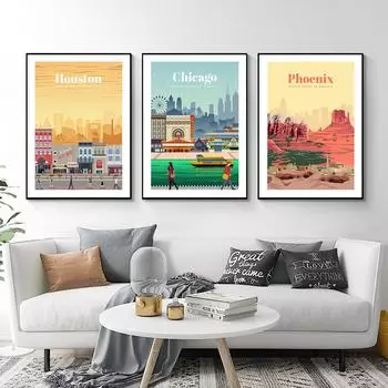 Настенная картина на холсте, Майами, Нью-Йорк, карта США, плакаты на скандинавскую тему и принты, Декор, настенные панно для гостиной A4 21X30cm No Framed