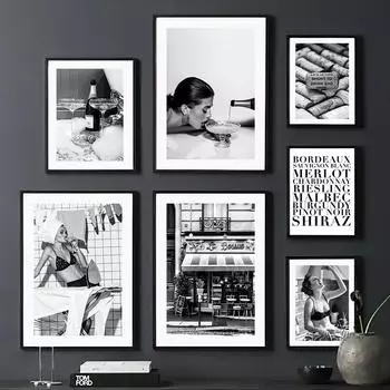 Настенная картина на холсте, шампанское, кофе, вино, Парижская девушка, черно-белые украшения для гостиной, постеры и принты, настенные панно A4 21X30cm No Framed