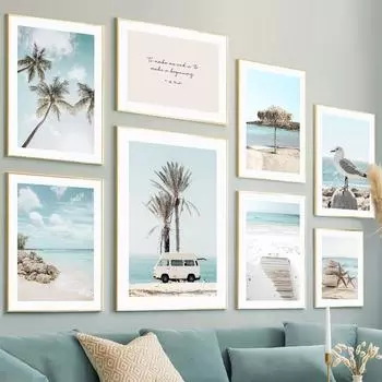 Настенная картина на холсте, синий океан, тропический пляж, фургон, якорь, птица, плакаты на скандинавскую тему и принты, настенные панно для декора гостиной A4 21X30cm No Framed