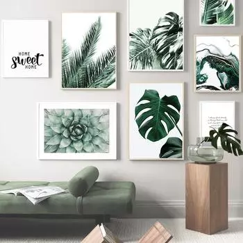 Настенная картина на холсте, тропический зеленый, большая пальма, листья монстеры, плакаты на скандинавскую тему и принты, настенные панно для декора гостиной A4 21X30cm No Framed