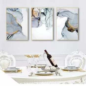 Настенная картина с дымчатым принтом для гостиной, скандинавская современная абстрактная сине-серая линия, настенная живопись на холсте, золотисто-синяя 21cm30cm NoFrame