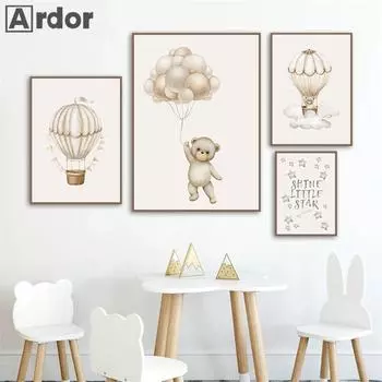 Настенная картина с изображением медведя из мультфильма Детская картина на холсте Звезда Воздушный шар Плакаты Печать на стенах Скандинавские настенные картины Украшение детской комнаты 21*30cm No Frame