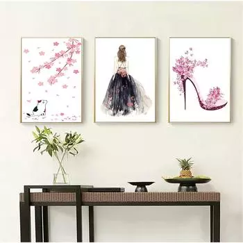 Настенная картина с котом, модный холст, розовый плакат принцессы для девочек, туфли на высоком каблуке, настенные картины с цветами для украшения спальни для девочек 21cm30cm NoFrame