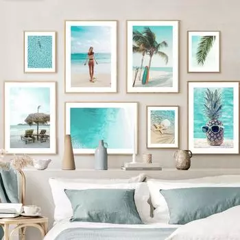 Настенная картина с принтом на холсте, пляжный серфинг, плавание, девушка, морская звезда, пальмовый лист, ананас, скандинавский постер, Декор, фотографии для гостиной A4 21X30cm No Framed
