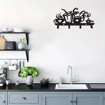 Настенная металлическая подставка для чашек с крючками для ключей и декоративной табличкой с изображением кофе для организации пространства на кухне и в баре чёрный