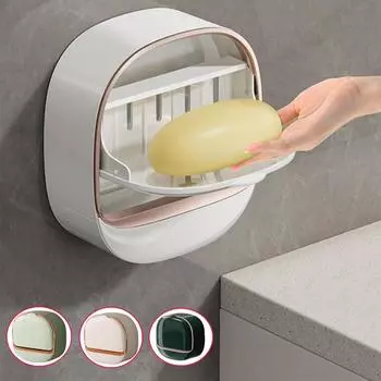 Настенная мыльница без отверстий с откидной крышкой, высококачественная водонепроницаемая бытовая сливная полка для хранения мыла в ванной комнате светло-зеленый