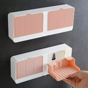 Настенная мыльница со скрытым крючком, откидной крышкой и сливными отверстиями, пылезащитный пластиковый держатель для мыла без проколов, аксессуары для ванной комнаты A розовый