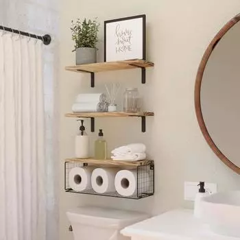 Настенная плавающая стойка с корзиной для хранения, деревянная рама для ванной комнаты, L-образный металлический кронштейн, стеллаж для хранения, стеллаж для хранения
