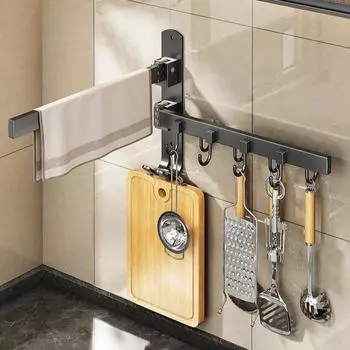 Настенная полка для хранения кухонных крючков, многофункциональный вращающийся крючок, не требующий сверления, полка для хранения кухонных принадлежностей, кастрюль, лопат