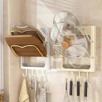 Настенная полка для хранения кухонных принадлежностей без перфорации Многофункциональная полка для хранения бытовых принадлежностей Подставка для разделочных досок Многоуровневая полка для разделочных досок кремовый/серебряный