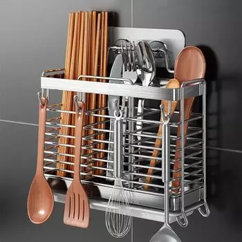 Настенная полка для палочек из нержавеющей стали, держатель для столовых приборов с крючками, подставка для ложек и вилок, кухонный органайзер