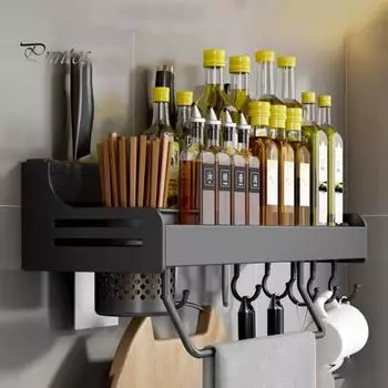 Настенная полка для специй, держатель для хранения инструментов, высокая несущая способность, простая в установке многофункциональная кухонная полка для хранения A чёрный