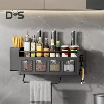 Настенная полка для специй из нержавеющей стали с ящиком, без сверления, подвесная кухонная полка, органайзер для хранения специй с крючками для банок, вешалка для полотенец A