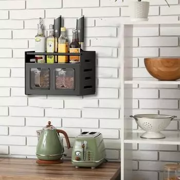Настенная полка для специй из нержавеющей стали с ящиком, без сверления, подвесная кухонная полка, органайзер для хранения специй с крючками для банок, вешалка для полотенец A