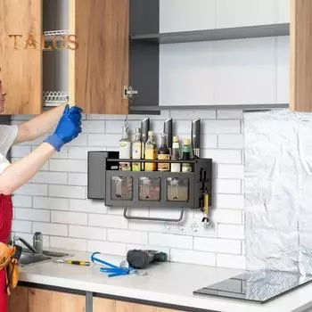 Настенная полка для специй из нержавеющей стали с ящиком, без сверления, подвесная кухонная полка, органайзер для хранения специй с крючками для банок, вешалка для полотенец A