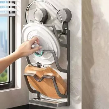 Настенная присоска для крышки кастрюли полка для хранения посуды из нержавеющей стали держатель для крышек кастрюль кухня Beige-2 Layers