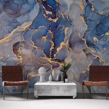 Настенная роспись из синего мрамора, обои с мраморными чернилами, абстрактное искусство, золотая настенная роспись, подходящая для гостиной, спальни, офиса, обои для домашнего декора 200 cm(W) x 140 cm(H)