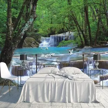 Настенная роспись с водопадами, лесными зелеными растениями, обои с природным пейзажем, настенная роспись для спальни, гостиной, настенные фрески 200 cm(W) x 140 cm(H)