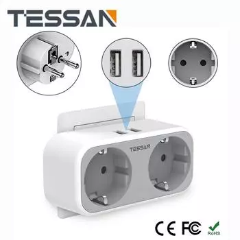 Настенная розетка TESSAN с несколькими кранами, вилка европейского стандарта с розетками 1/2/3, 2 порта USB, несколько адаптеров европейского стандарта для домашних путешествий