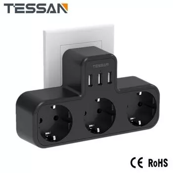 Настенная розетка TESSAN с несколькими розетками европейского стандарта, 3 розетками переменного тока и 3 портами USB, USB-адаптером 6 в 1 с защитой от перегрузки для дома 1 Outlets & 2 USB Ports серый