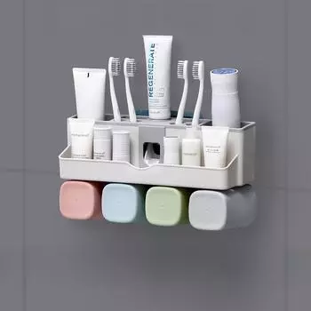 Настенная стойка для зубных щеток без перфорации с автоматическим дозатором зубной пасты и стаканчиком для ополаскивателя полости рта