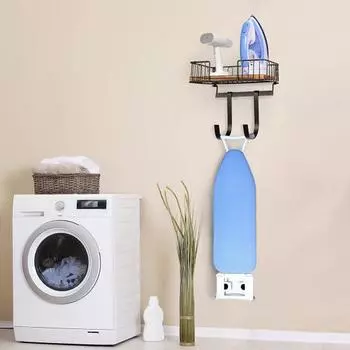 Настенная вешалка для гладильной доски, стойка для хранения с крючками, простая в установке, организация декора прачечной с деревянным основанием для хранения коричневый