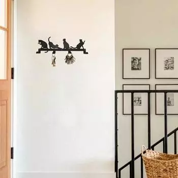 Настенная вешалка для одежды Cute Cat Rustic Metal – экономящий место органайзер с подставкой для чашек, держателем для полотенец и крючками для одежды M чёрный