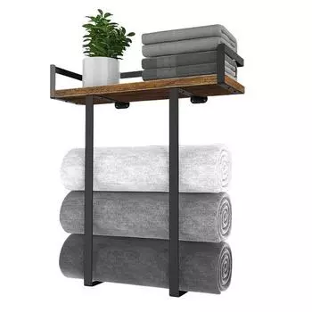 Настенная вешалка для полотенец с деревянной полкой, прочная, несущая, простая установка, ванная комната темно-коричневого