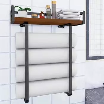 Настенная вешалка для полотенец с деревянной полкой, прочная, несущая, простая установка, ванная комната темно-коричневого