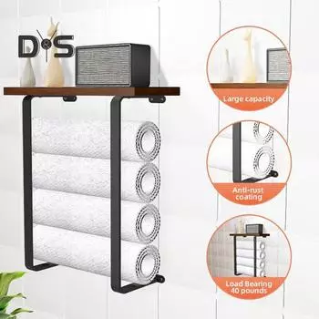 Настенная вешалка для полотенец с деревянной полкой, прочная, несущая, простая установка, органайзер для хранения рулонных полотенец в ванной комнате A бежевый