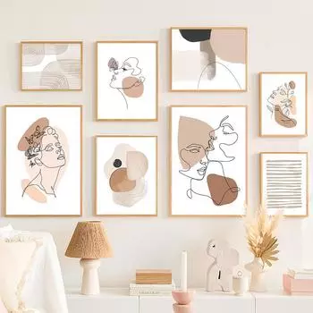 Настенная живопись на холсте, цветочная линия, нарисованное лицо любовника, цветные блоки, абстрактный декор для гостиной, постеры и принты, настенная картина для дома A4 21X30cm No Framed