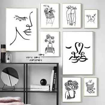 Настенная живопись на холсте, линия рисования, абстрактная живопись с цветочной девушкой, постеры на скандинавскую тему и принты, настенные панно для декора гостиной 21cm30cm NoFrame