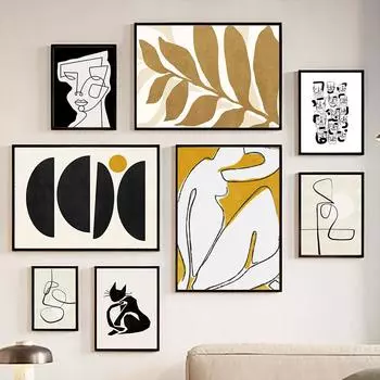 Настенная живопись на холсте, линия тела, лицо, желтые листья, современный абстрактный декор для гостиной, постер и принт, настенные картины для дома A4 21X30cm No Framed