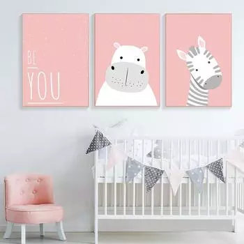 Настенная живопись на холсте с животными, зебра, бегемот, розовые цитаты для девочек, постеры на скандинавскую тему и принты, настенные картины для детской комнаты, детская комната 21cm30cm NoFrame