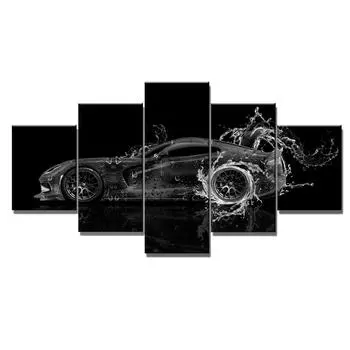 Настенная живопись на холсте, современные картины, украшения дома, плакаты, 5 панелей, черно-белый суперспортивный автомобиль для гостиной, HD-печать, без рамки, без рамки 20x35cm*2 20x45cm*2 20x55cm*1