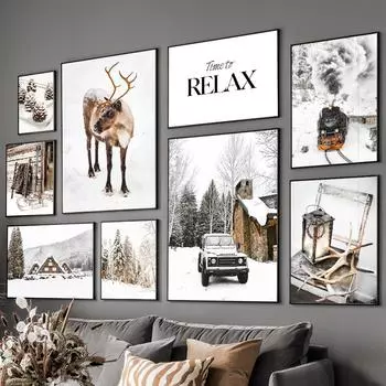 Настенная живопись на холсте, винтажный автомобиль, поезд, олень, зимний деревянный дом, украшение для гостиной, постеры и принты, настенные панно для дома A4 21X30cm No Framed