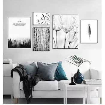 Настенная живопись, скандинавское украшение, картина, природа, зимний лес, скандинавский черный, белый цвет, пейзаж, холст, декоративный принт 21cm30cm NoFrame