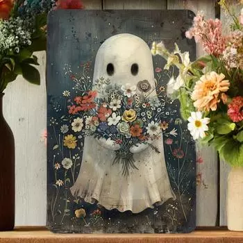 Настенное художественное украшение размером 8x12 дюймов, винтажная металлическая вывеска в виде букета цветов-призраков для домашней комнаты или мероприятия на Хэллоуин чёрный