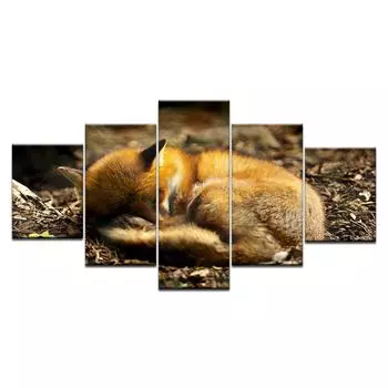 Настенное искусство, 5 шт., картины «Спящая лиса», постер с лесными животными, модульные принты на холсте, рамки для рисования, гостиная, домашний декор, без рамки 20x35cm*2 20x45cm*2 20x55cm*1