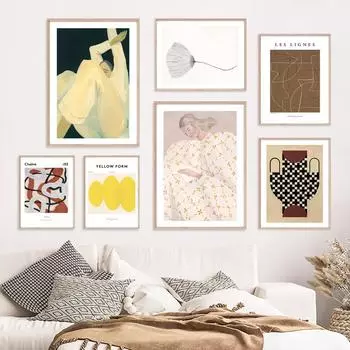 Настенное искусство, абстрактные линии, кривая, геометрия, холст, картина, листья, плакаты на скандинавскую тему и принты, настенные панно для декора гостиной 21*30cm