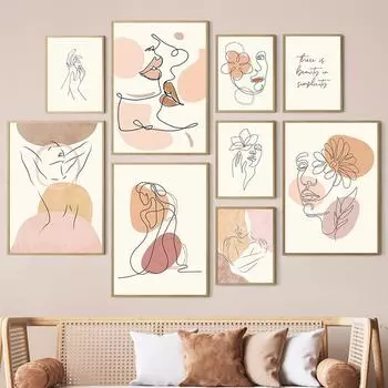 Настенное искусство, акварельная линия, цветочная девушка, тело, лицо, холст, картина, минимализм, домашний постер, украшение для гостиной, принты, фотографии A4 21X30cm No Framed