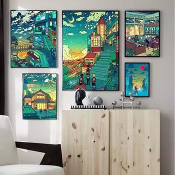Настенное искусство аниме HD мультфильм вид уличный плакат украшение дома ночной магазин живопись дома спальня модульная печать плакат холст фреска 21x30cm No Framed
